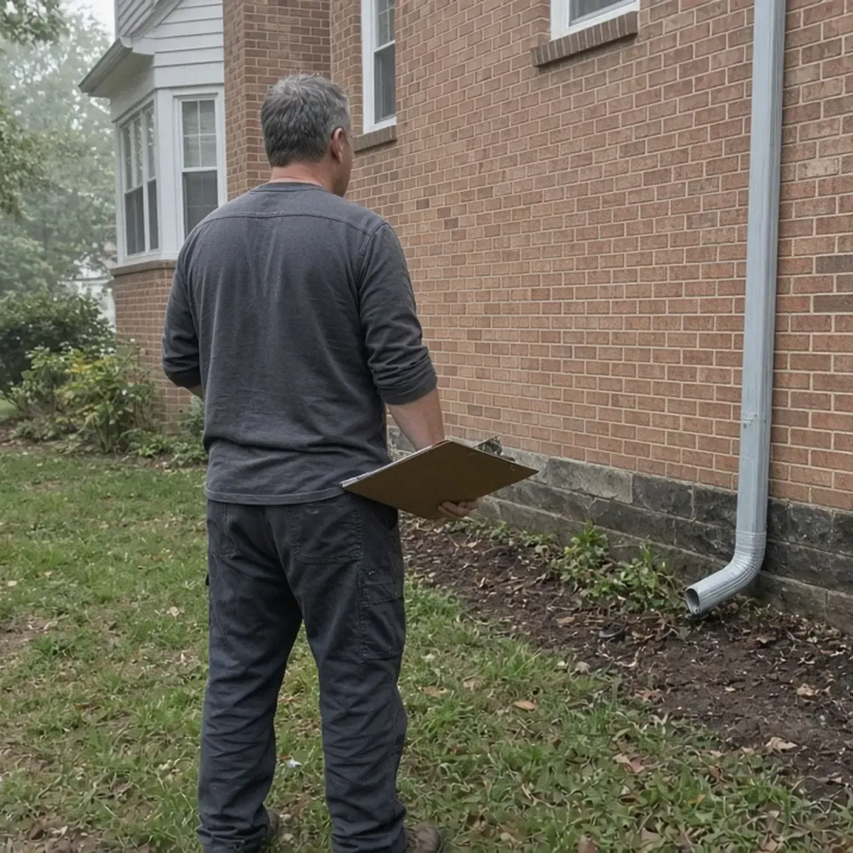 Person with a clipboard looking at a downspout beside a brick house