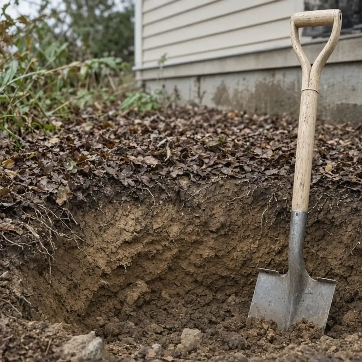 Shovel in a garden bed beside a foundation showing sandy loam soil