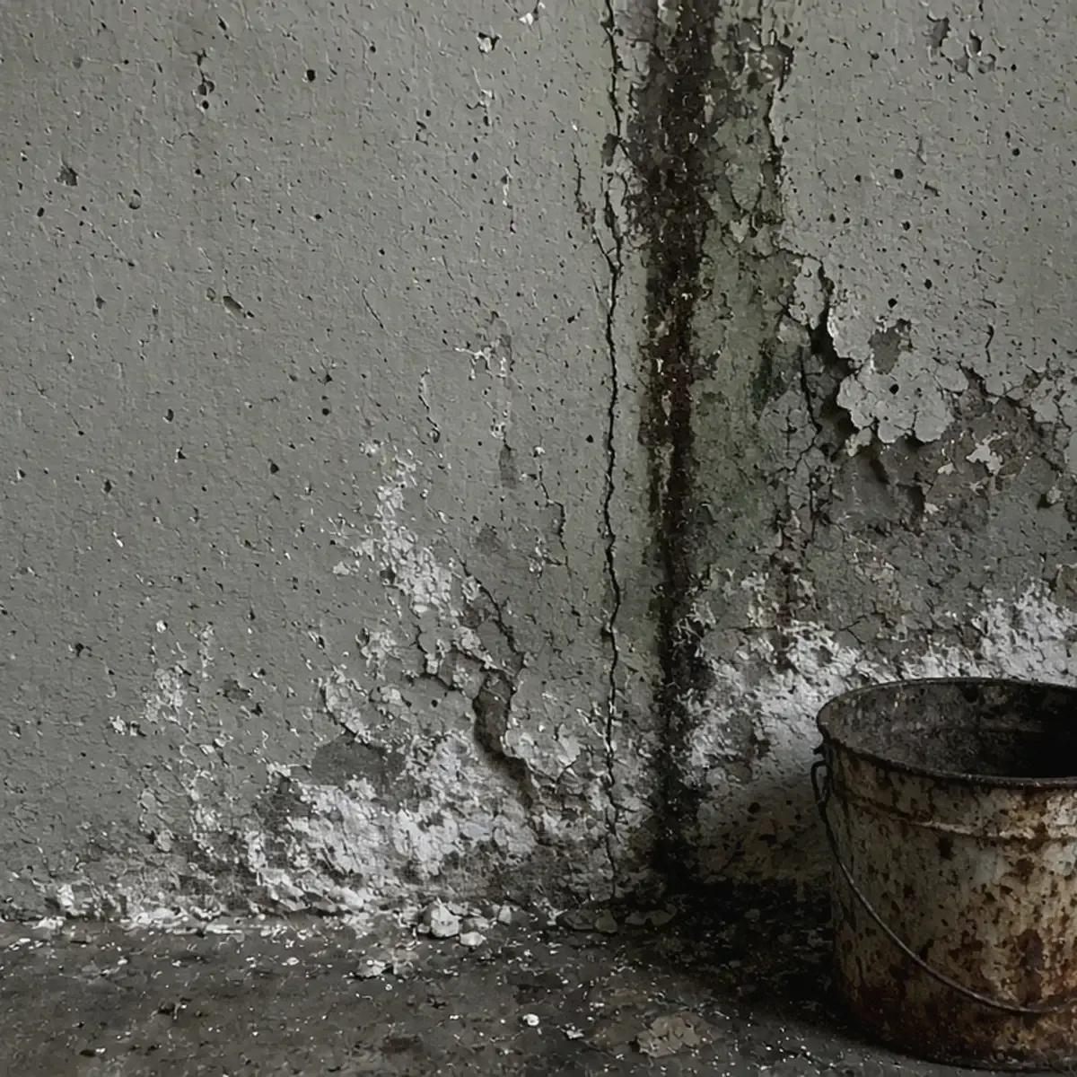 Vertical crack in a concrete basement wall with a damp streak and chalky residue