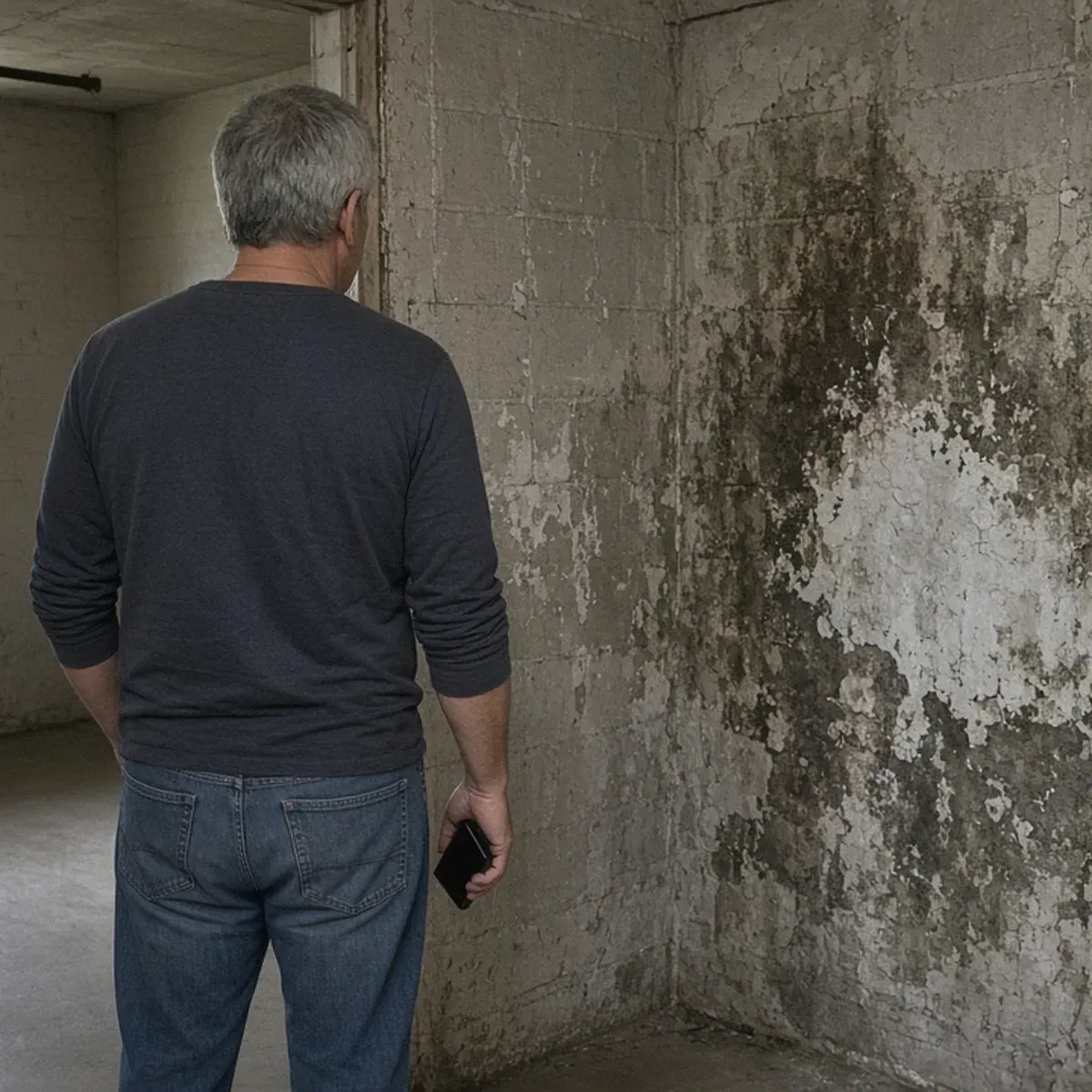 Homeowner in a basement doorway looking at a damp wall while holding a phone
