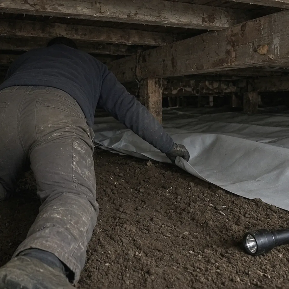 Person rolling out plastic ground cover in a crawl space