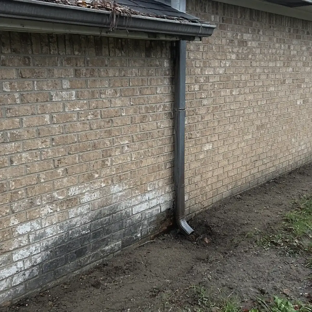 Brick rancher in Annapolis with a downspout emptying beside the foundation and a damp stain on the brick