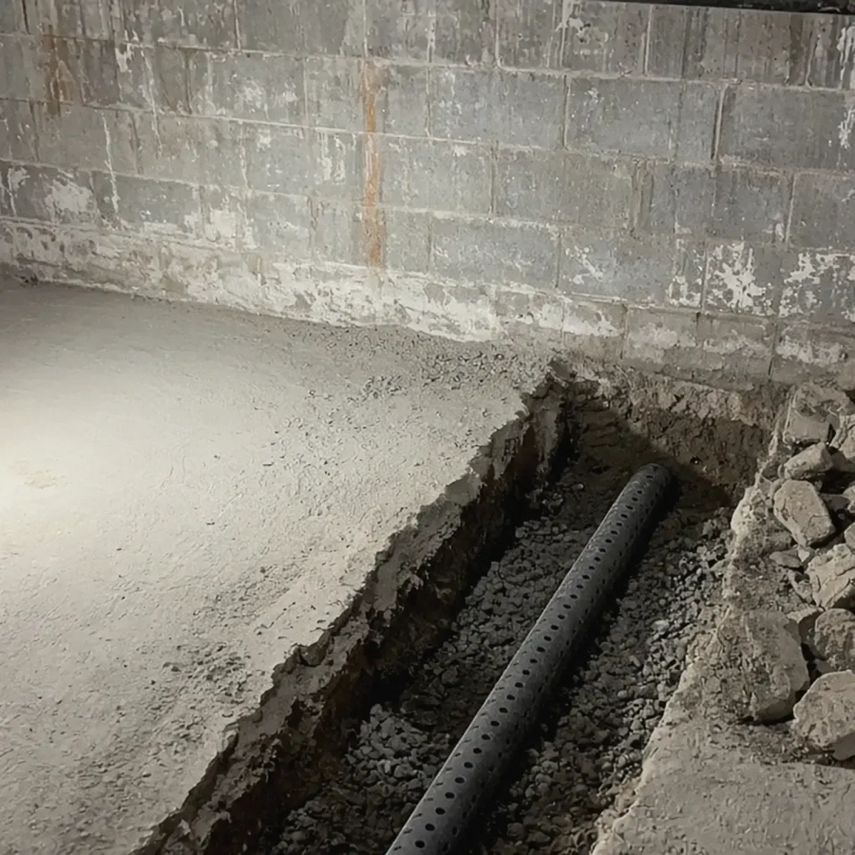 Trench cut along a basement floor edge with gravel and perforated pipe