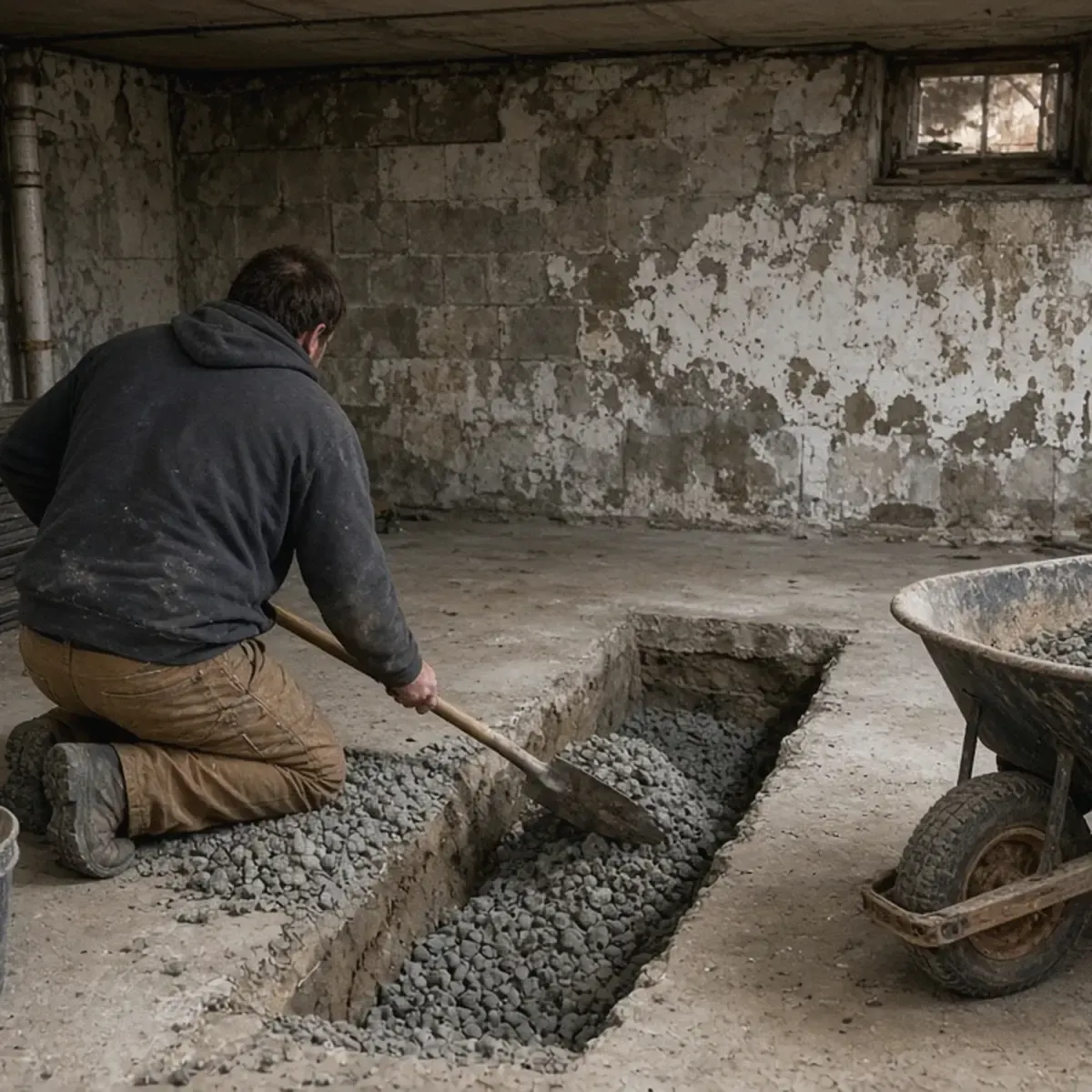 Person shoveling gravel into a floor trench in a basement