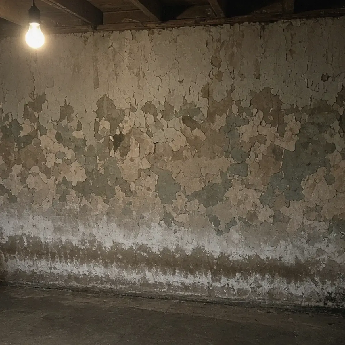 Basement wall with peeling paint, chalky residue and mildew in a corner
