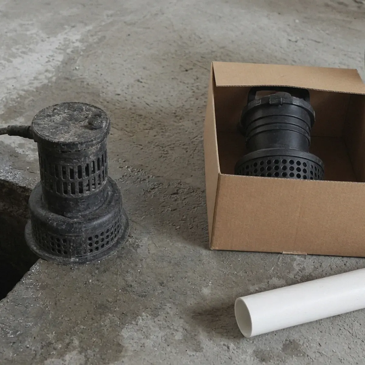 Old and new sump pumps on a basement floor