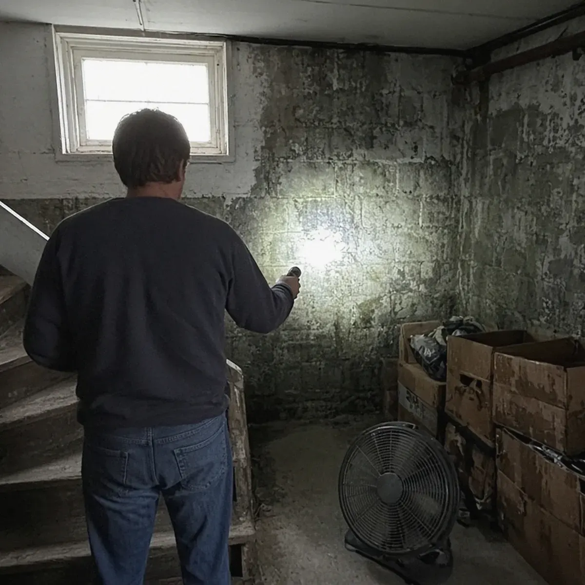 Homeowner at the foot of basement stairs shining a flashlight on a damp wall with a fan running