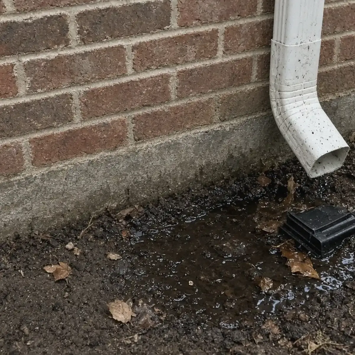 Downspout ending above bare soil with a puddle at the foundation